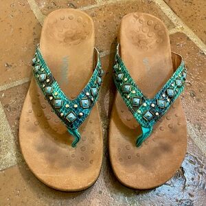 Vionic Womens Floriana Teal Snake Leather Turquoise Sandals Flip Flops Size 10